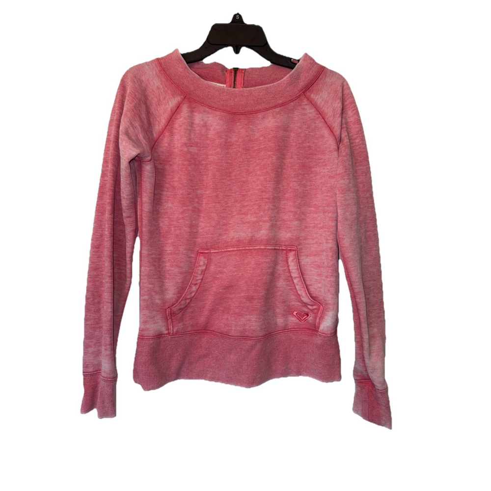 Roxy Medium Pink Acid Wash Zip Back Pullover Sweatshirt Kangaroo Pocket A8